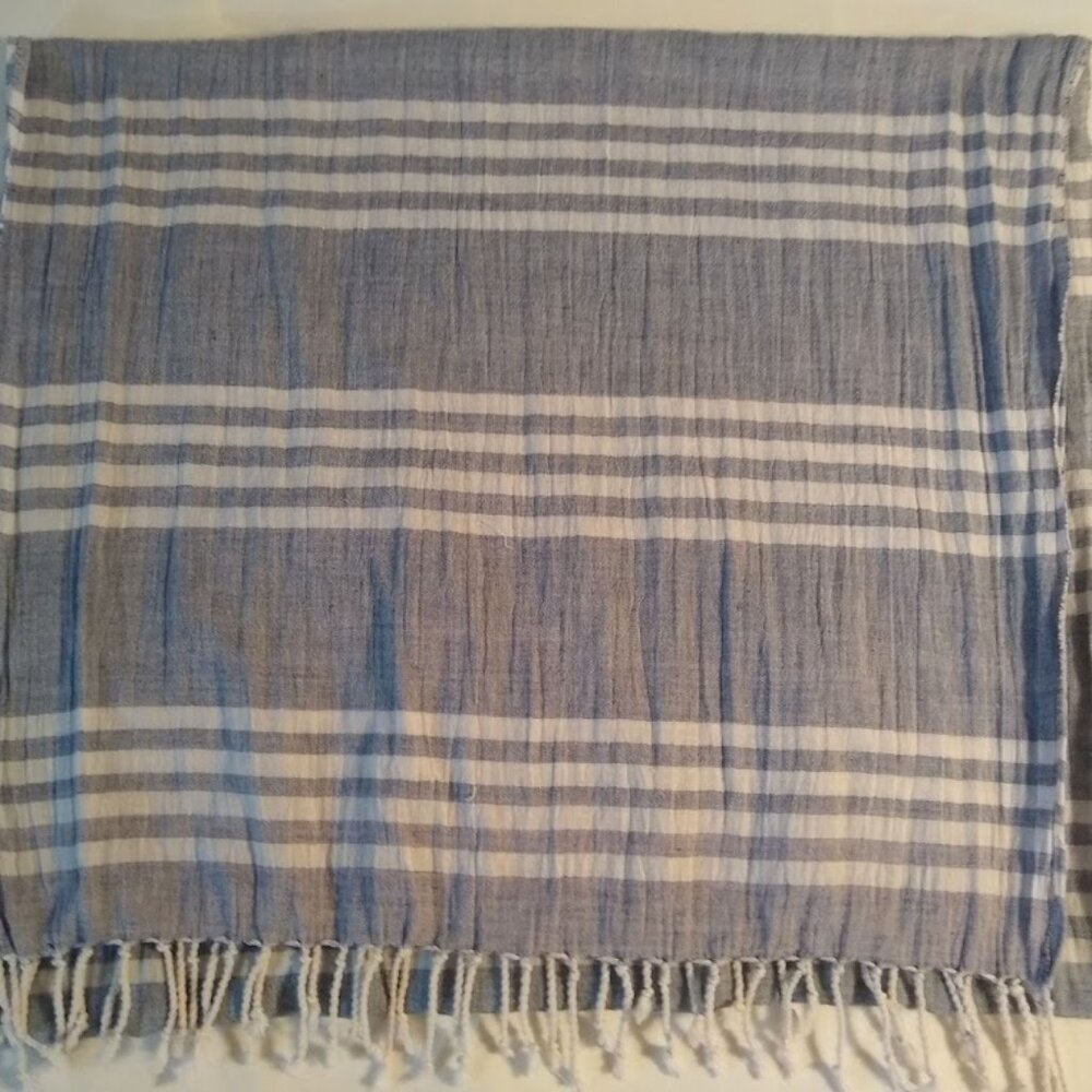 long cotton scarf  pale denim color blue w-white stripes